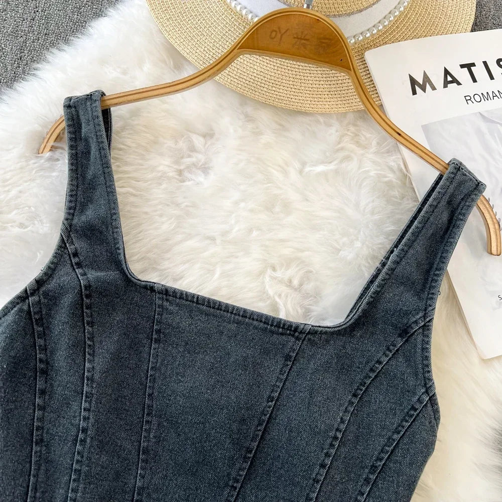 Denim crop top met vierkante halslijn