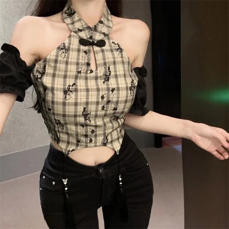 Elegante blouse in een vintage ruitpatroon met een Chinese kraag