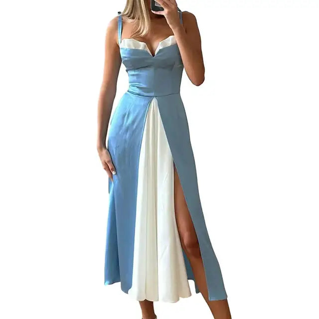 Hoog uitgesneden jurk met kleurblokdessin