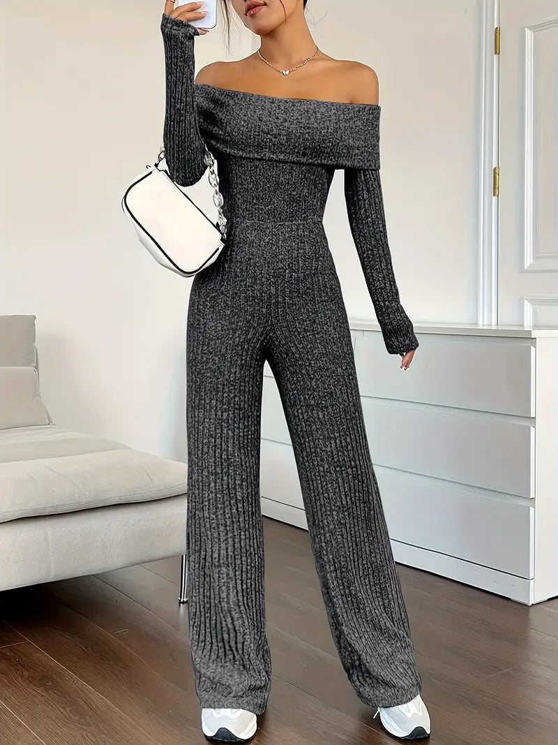 Geribde jumpsuit met schouderbandjes