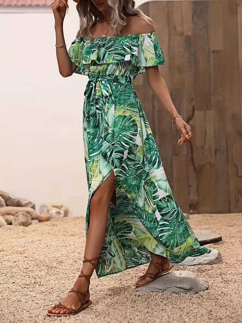 Off-the-shoulder jurk met bladprint
