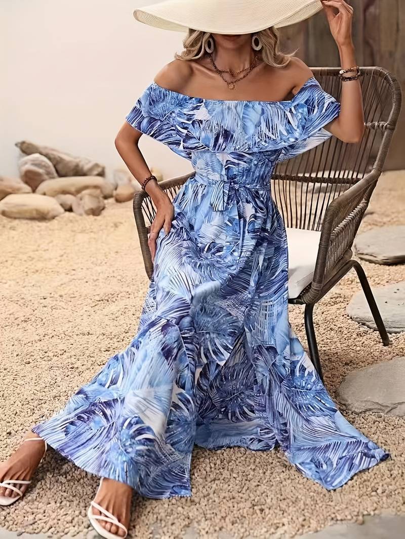 Off-the-shoulder jurk met bladprint