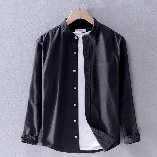 Herenhemd met lange mouwen en opstaande kraag en zak