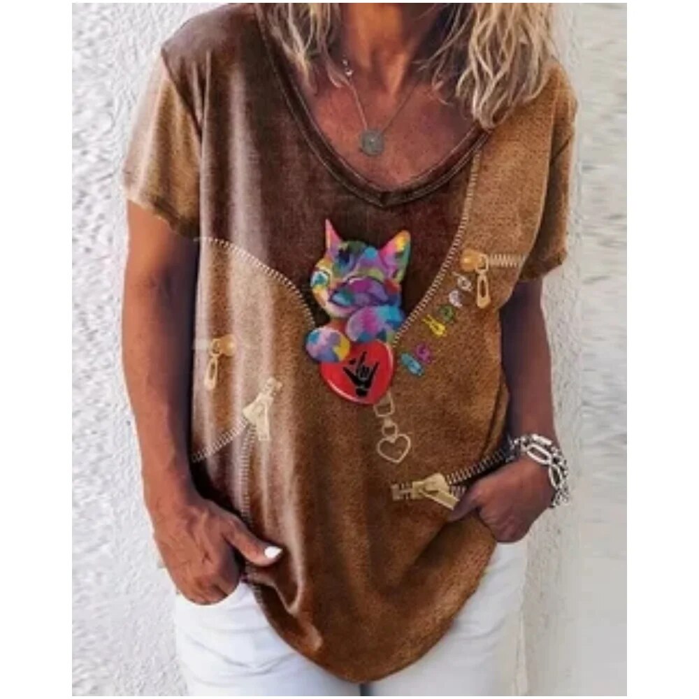 Dames-T-shirt met V-hals en losse pasvorm Cat Graphic