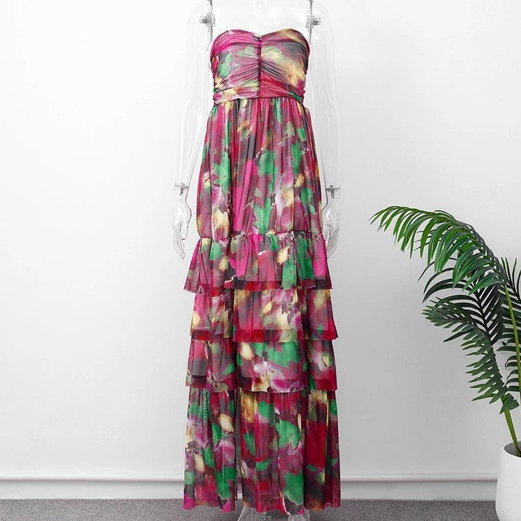 Off-the-shoulder maxi-jurk met plooien en bloemenpatroon