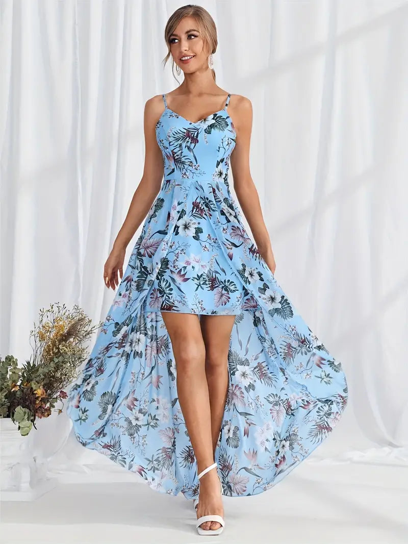 Elegante maxi feestjurk met spaghettibandjes en bloemenprint