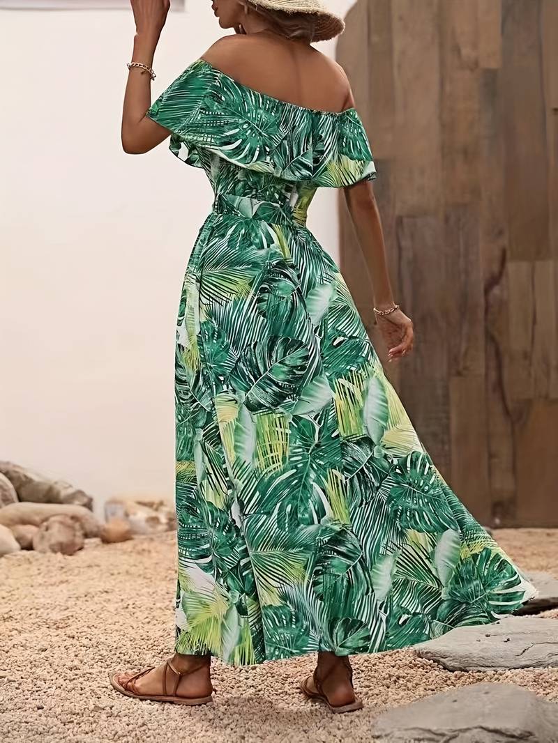 Off-the-shoulder jurk met bladprint