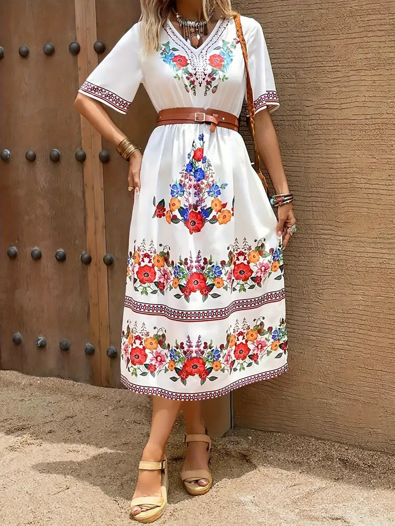 Elegante jurk met lange mouwen, V-hals en paisleymotief