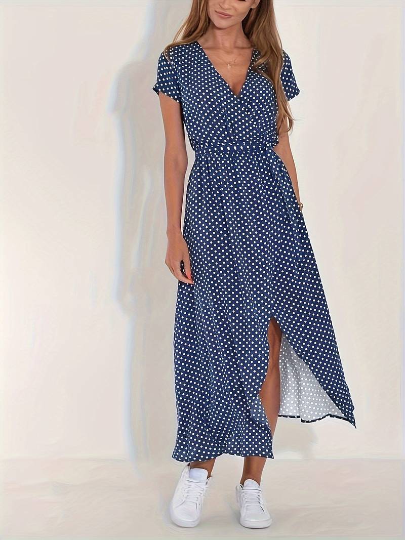 Gebloemde splitjurk met strik in taille