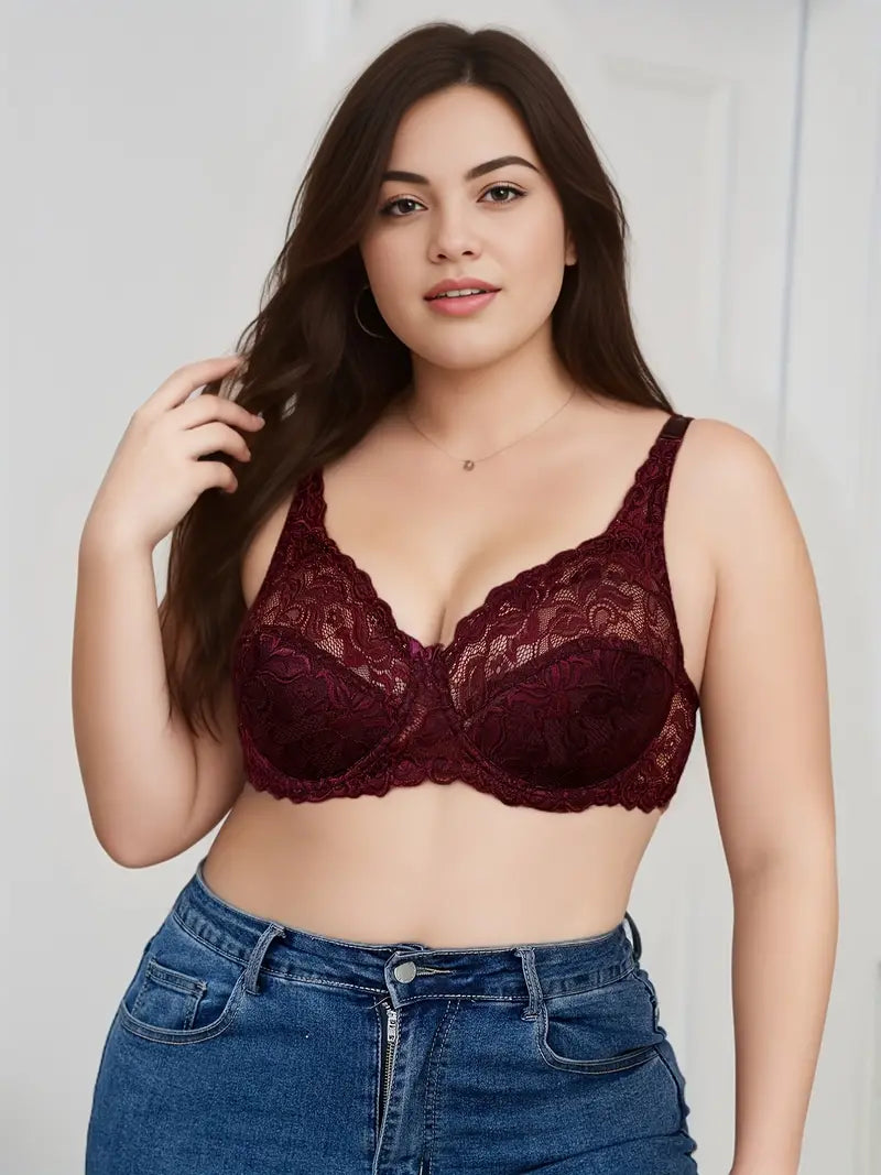 Volledig dekkende kanten beugelbeha in grote maat met bloemmotief