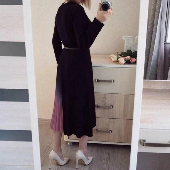 Geplooide midi-jurk met kleurblokdessin