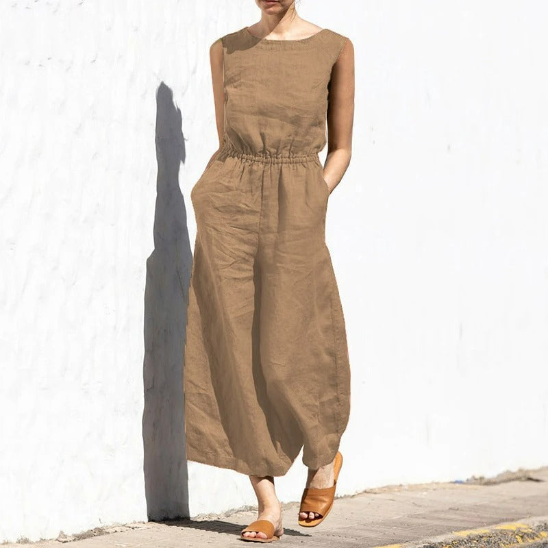 Linnen jumpsuit met ronde hals
