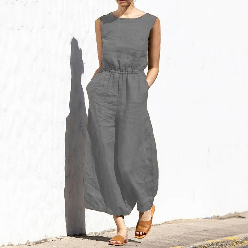 Linnen jumpsuit met ronde hals