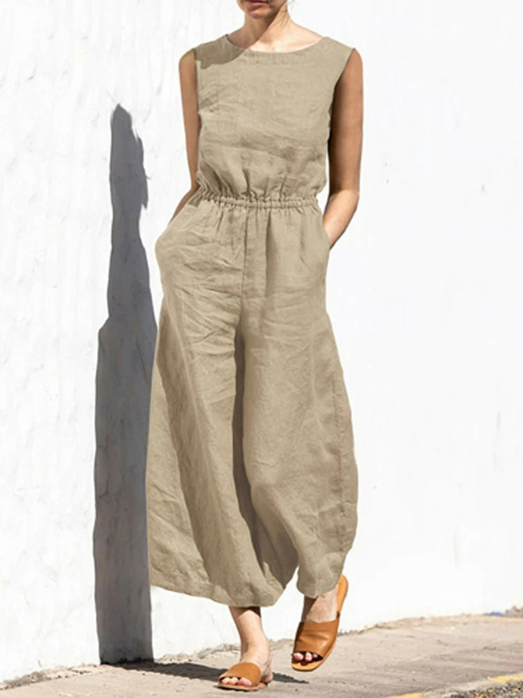 Linnen jumpsuit met ronde hals