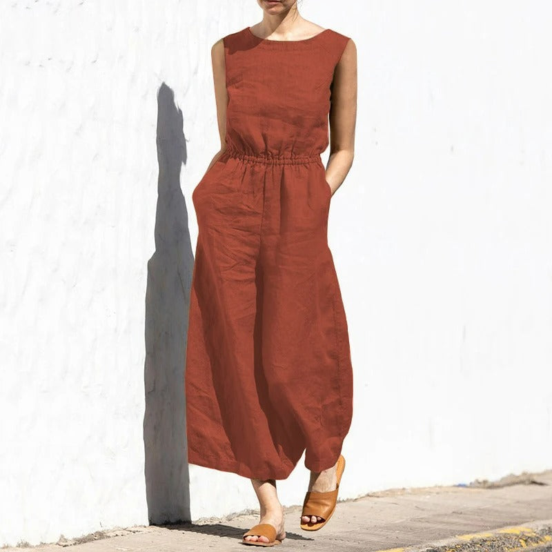 Linnen jumpsuit met ronde hals