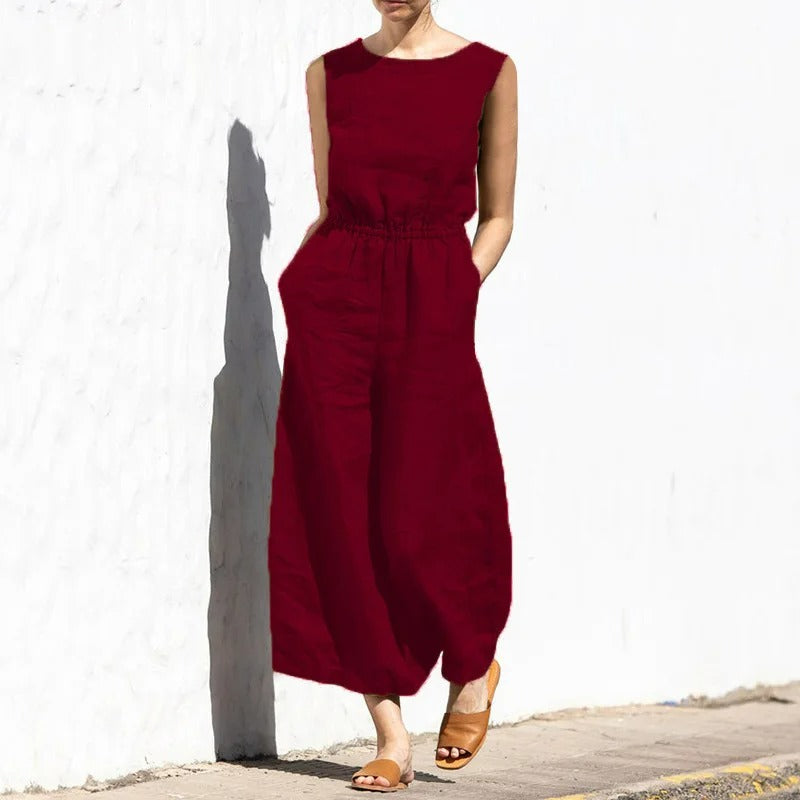 Linnen jumpsuit met ronde hals