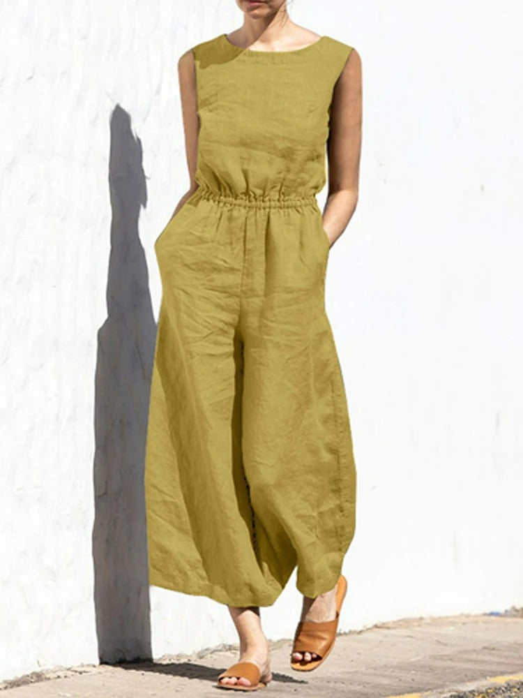 Linnen jumpsuit met ronde hals