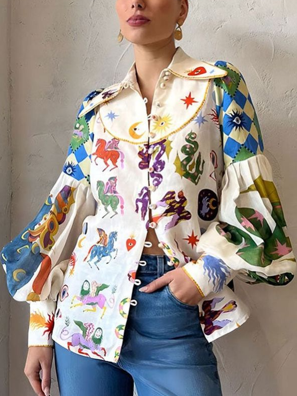 Pop Art Print Overhemd Kraag Casual Blouse