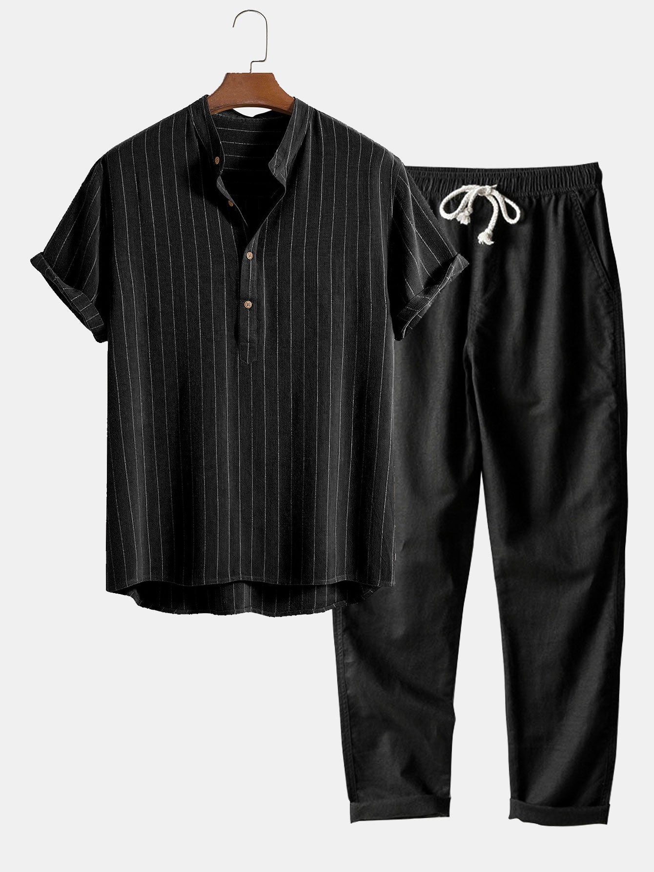 Linnen Gestreept Half Open Placket Henley Kraag Overhemd & Rechte Linnen Broek