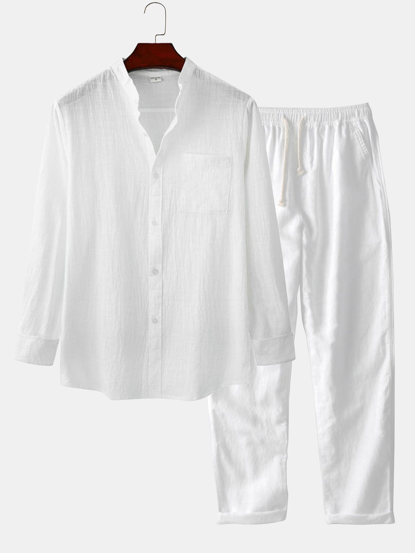 Linnen shirt met lange mouwen met staande kraag & linnen broek met rechte pijpen