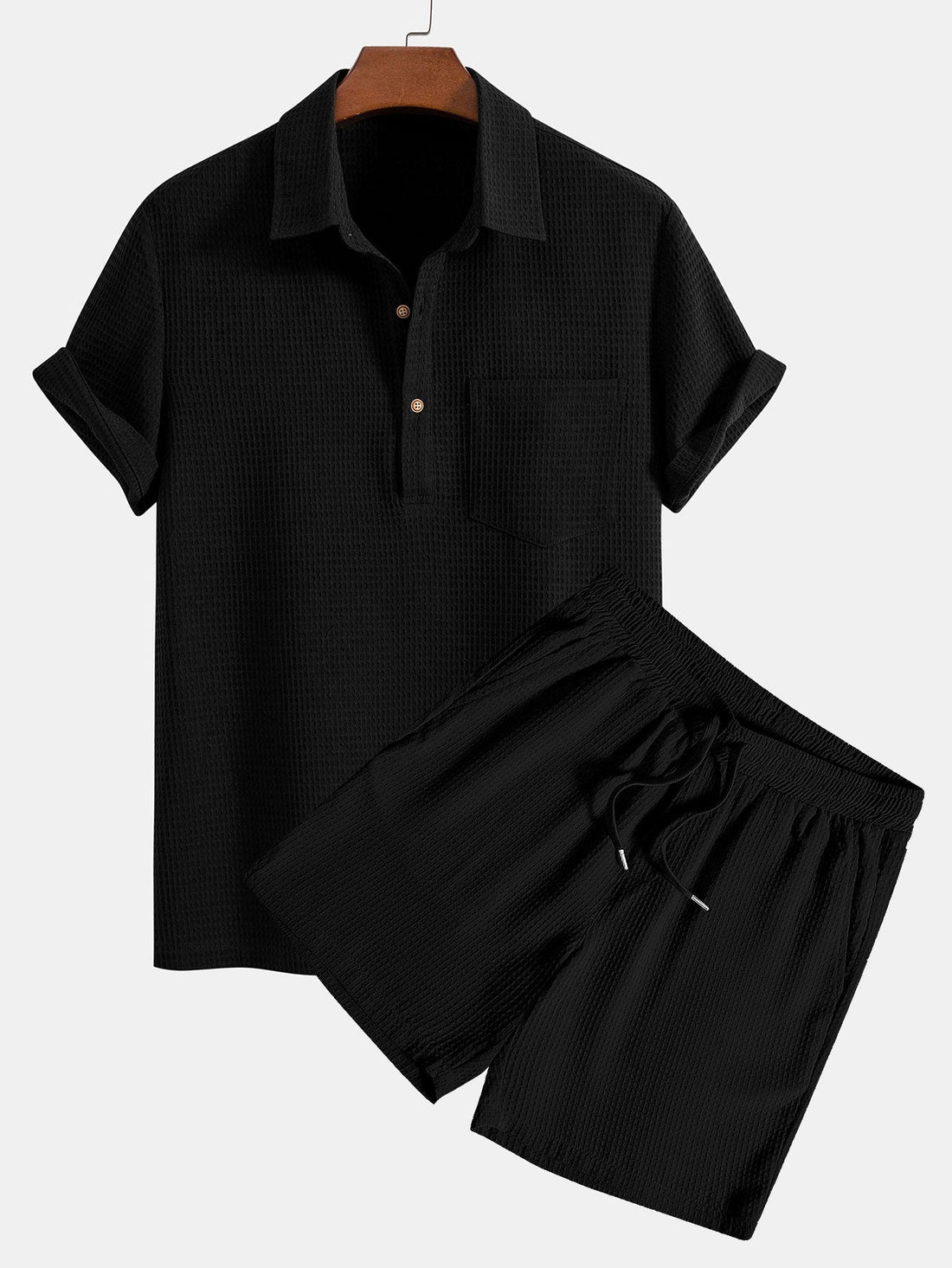 Wafel polokraag shirt met zak & wafel shorts