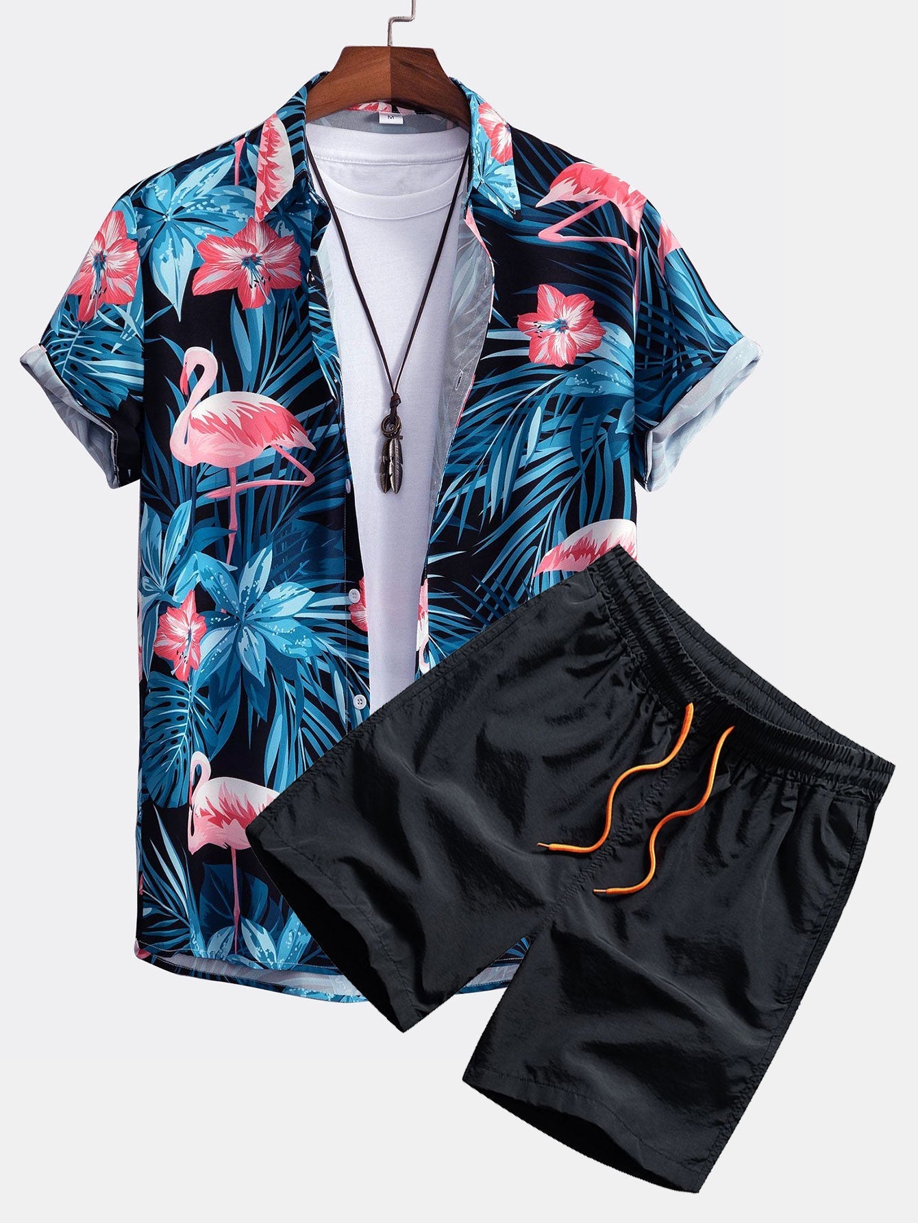 Flamingo Knoop Overhemd & Zwemshort met Tropische Print