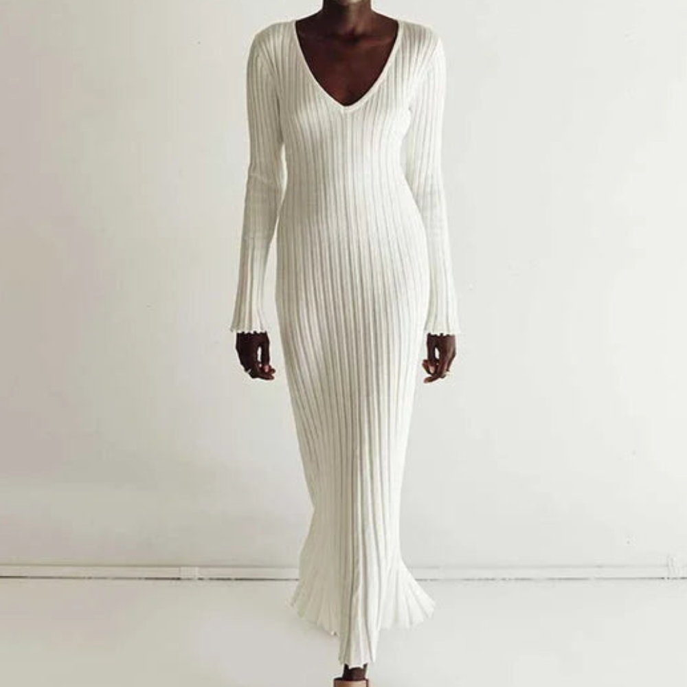 Elegante geribde V-hals gebreide midi-jurk voor dames