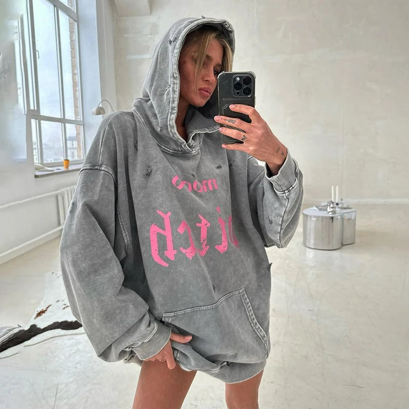 Oversized losse hoodie met geprinte tekst voor dames