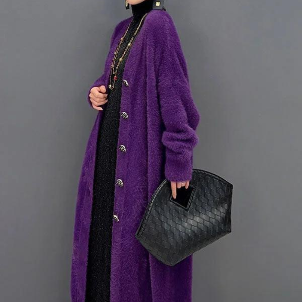 Lang paars fluwelen vest overjas voor dames