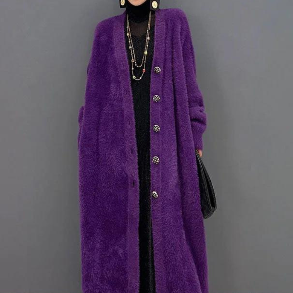 Lang paars fluwelen vest overjas voor dames