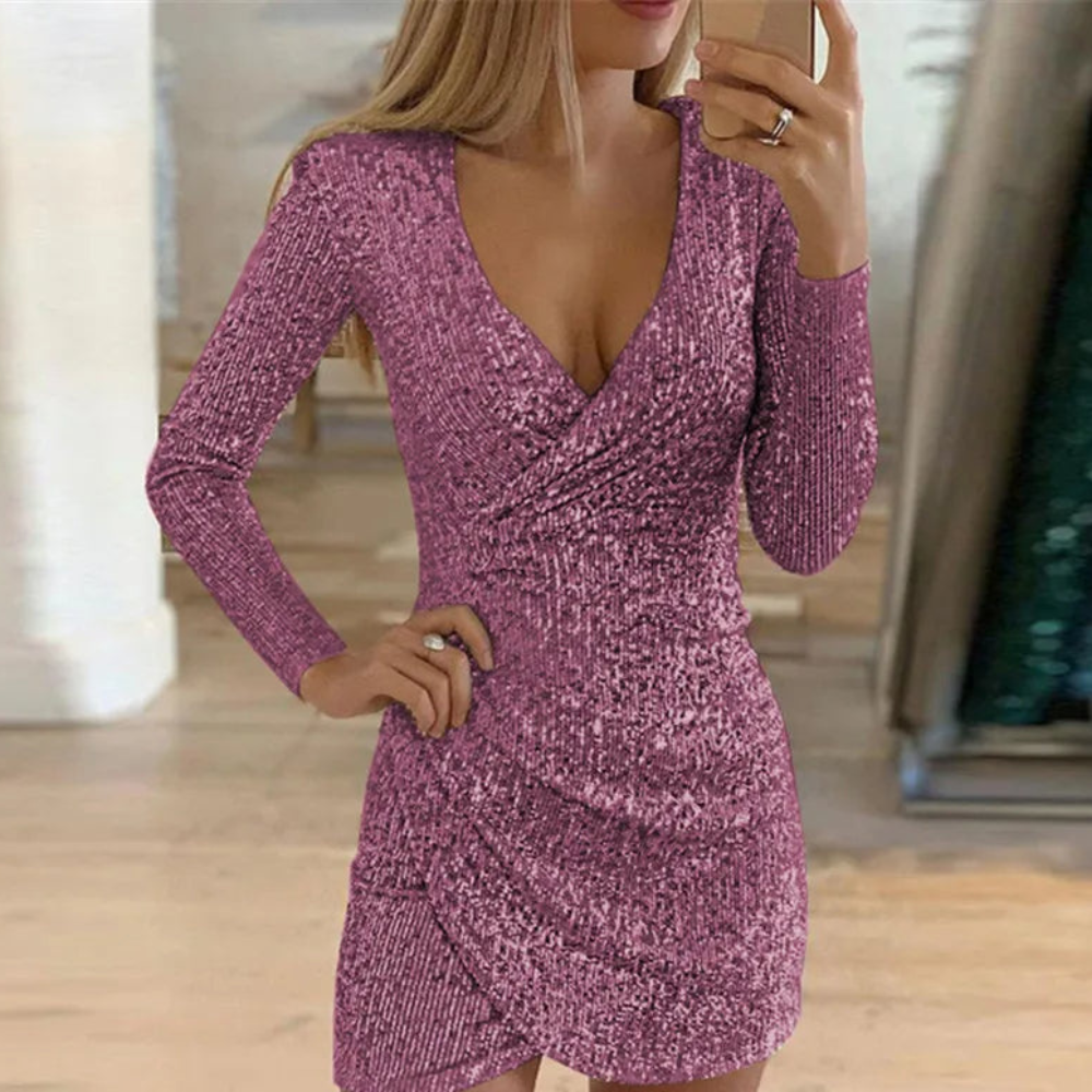 Pailletten glitter jurk met V-hals en lange mouwen