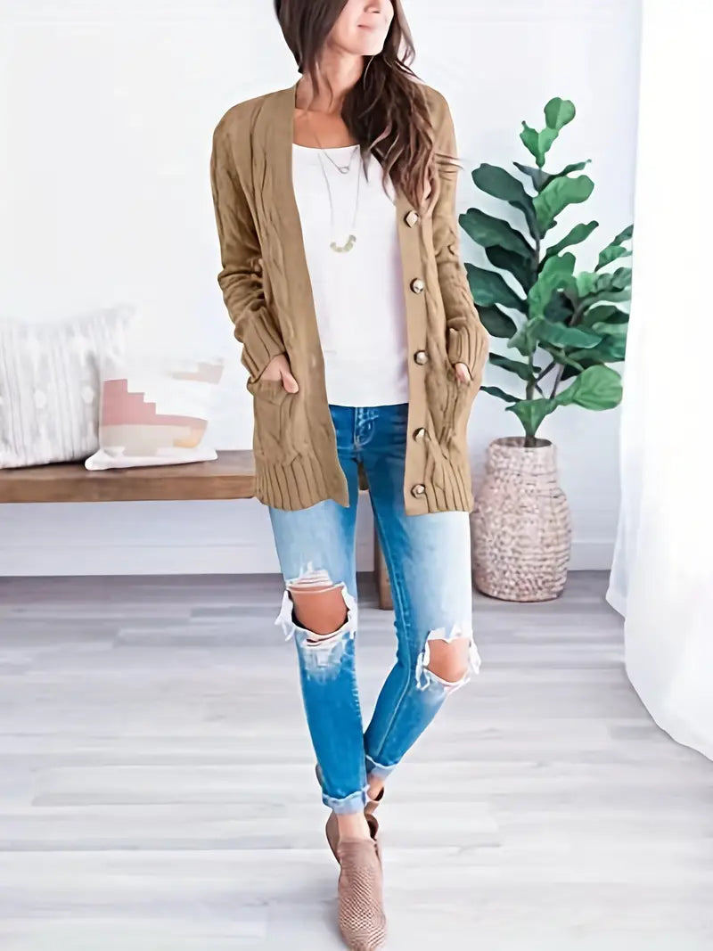 Emilie - Effen en nonchalant kabelgebreid jack met lange mouwen