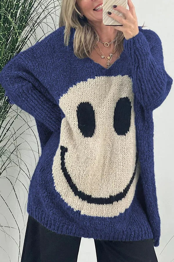 Gebreide smiley-gezichten oversized truien voor vrouwen