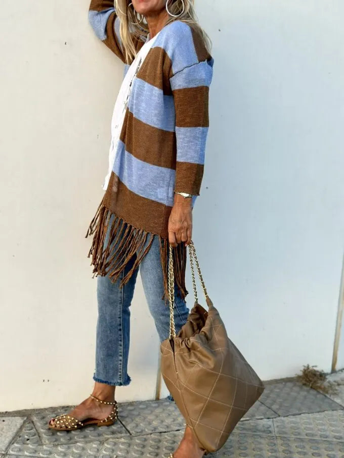 Blauw en camelkleurig vest