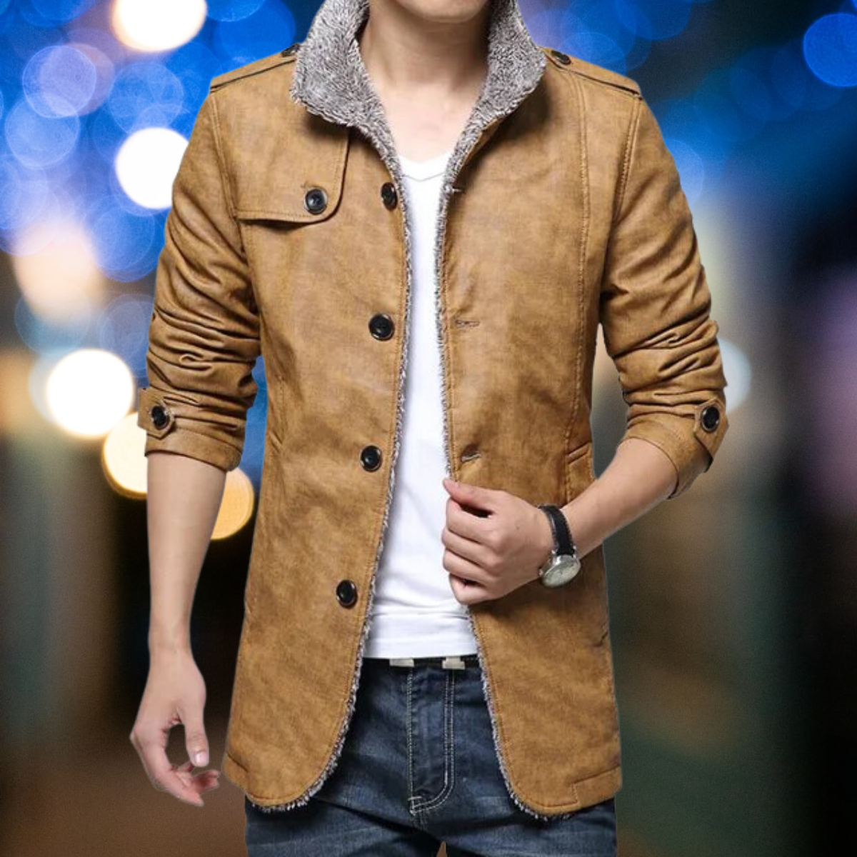 Medwin - De nieuwe leren opstaande kraag dikke smalle trenchcoat