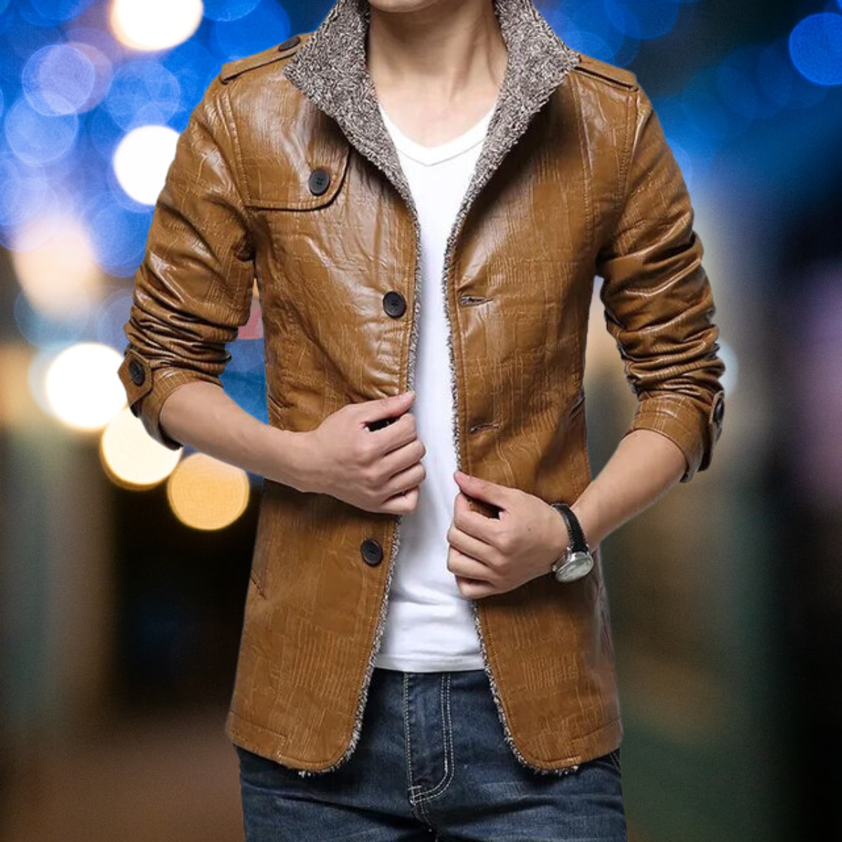 Medwin - De nieuwe leren opstaande kraag dikke smalle trenchcoat