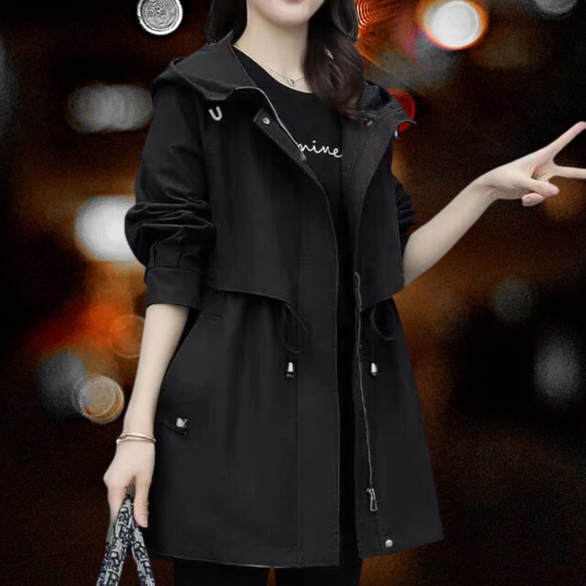 Carel - Stropdas in Britse stijl Halflange trenchcoat met capuchon en ritssluiting