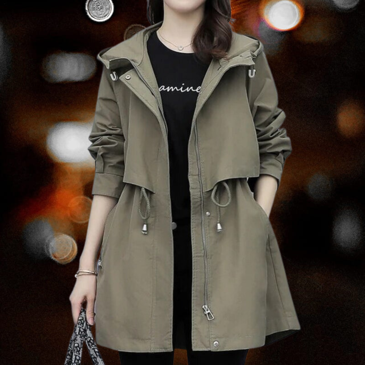 Carel - Stropdas in Britse stijl Halflange trenchcoat met capuchon en ritssluiting