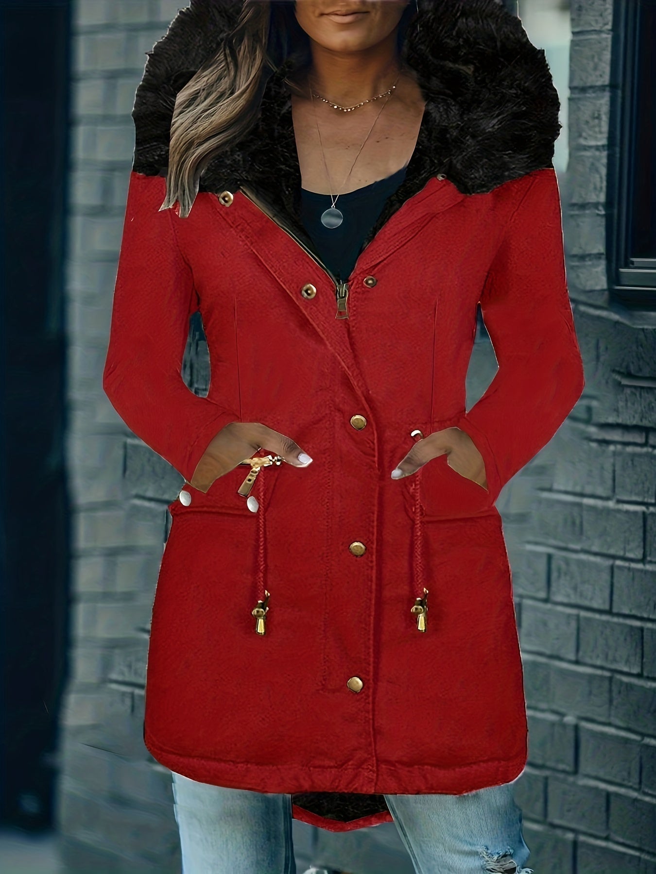 Karlee - De nieuwe casual parka jas met rits, capuchon van imitatiebont en trekkoordsluiting