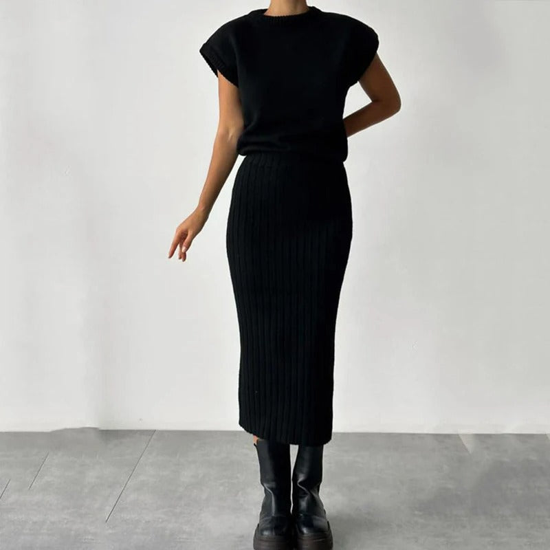 Losse mouwloze geribde top en lange rok met hoge taille voor vrouwen