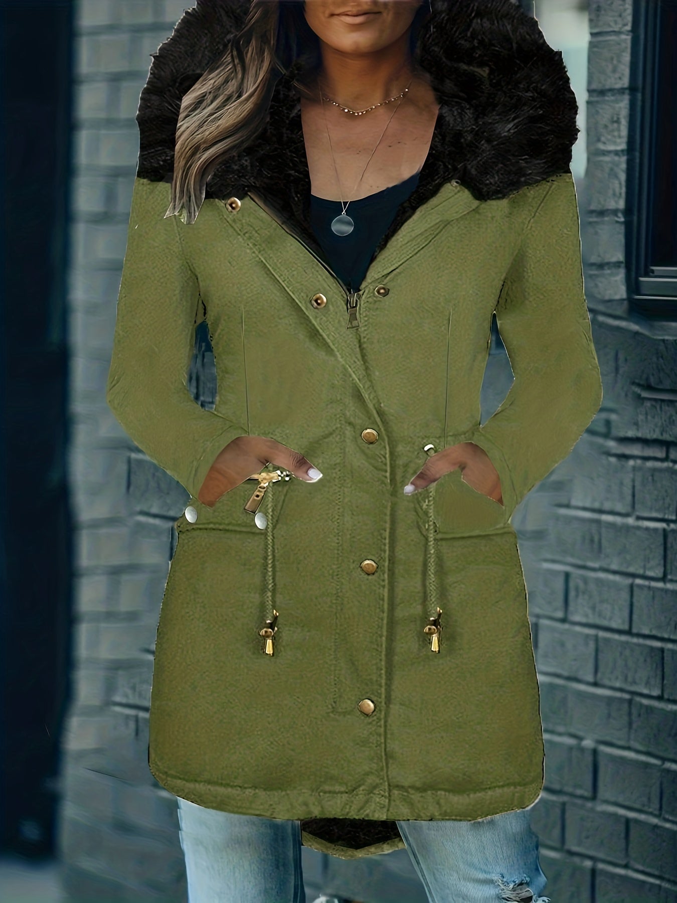 Karlee - De nieuwe casual parka jas met rits, capuchon van imitatiebont en trekkoordsluiting