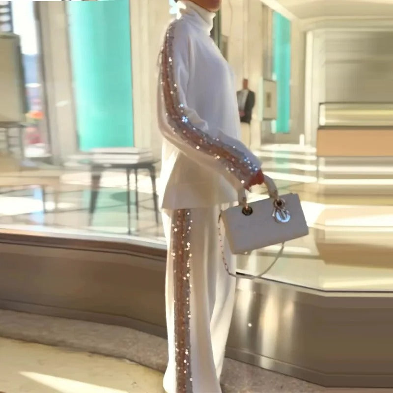 Elegante paillettentrui en patchworkbroek voor dames