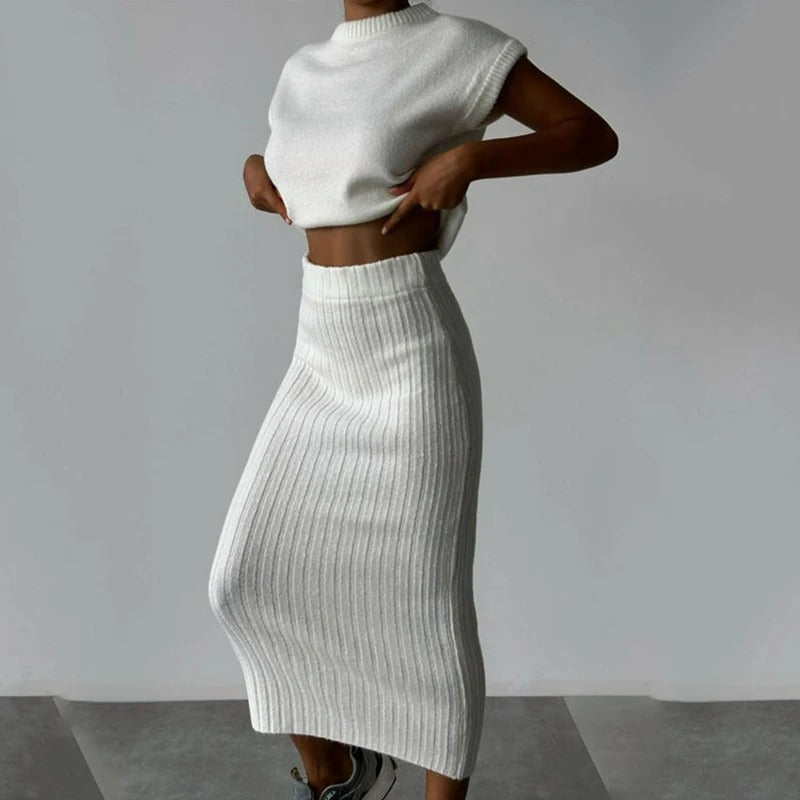 Losse mouwloze geribde top en lange rok met hoge taille voor vrouwen