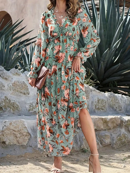 Vakantie Maxi Dress met V-hals en lange mouwen met bloemenprint