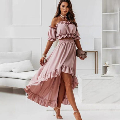 Off-the-shoulder jurk met ruches en hoog-laag zoom