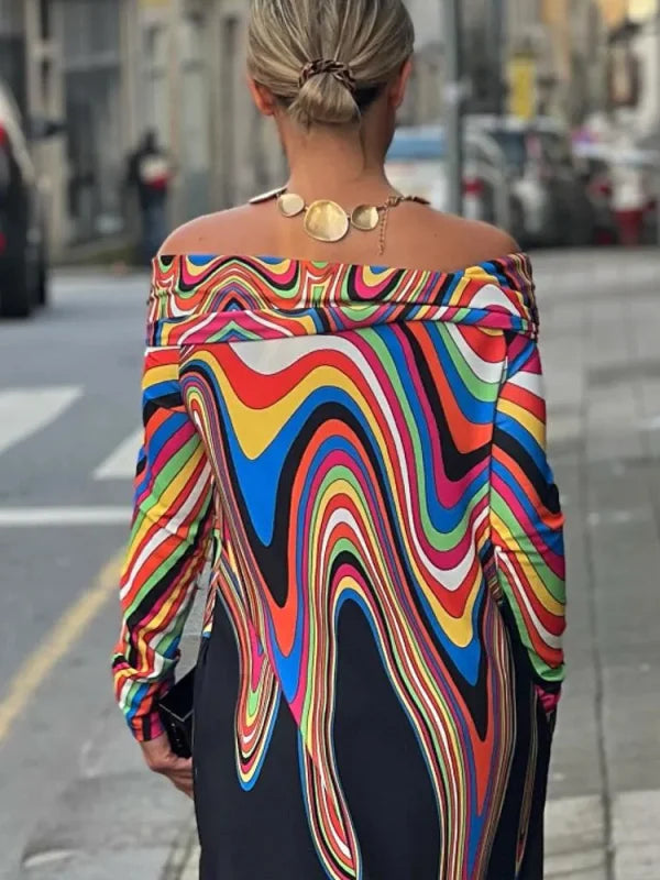 Novalie | Elegante geometrische jurk met kleurenprint