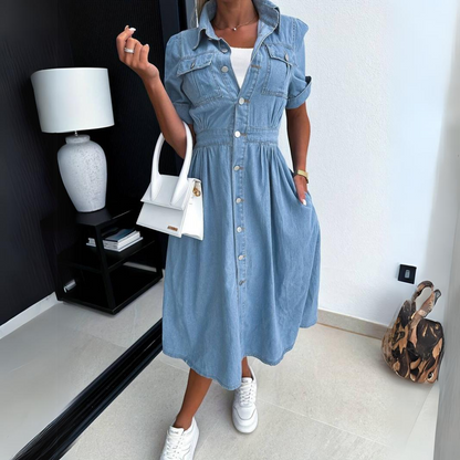 Tricot denim midi-jurk met zakken