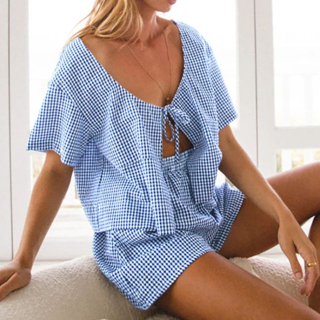 Gingham romper met keyhole hals en strikdetail