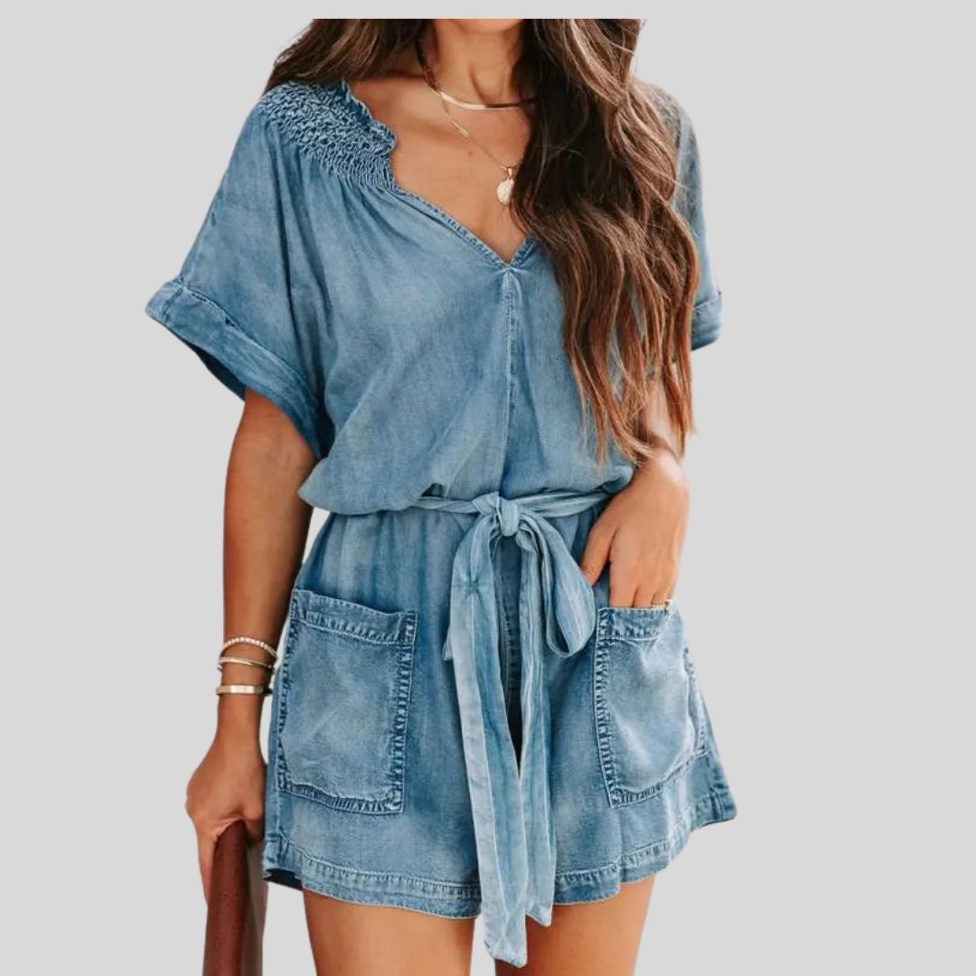 Casual denim romper met gesmokt detail