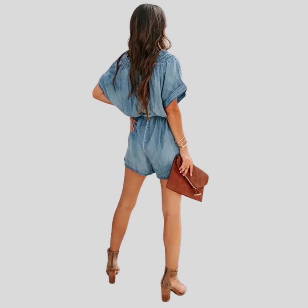 Casual denim romper met gesmokt detail